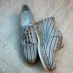 Stuart Weitzman Grey, Blue and White Striped Espadrilles